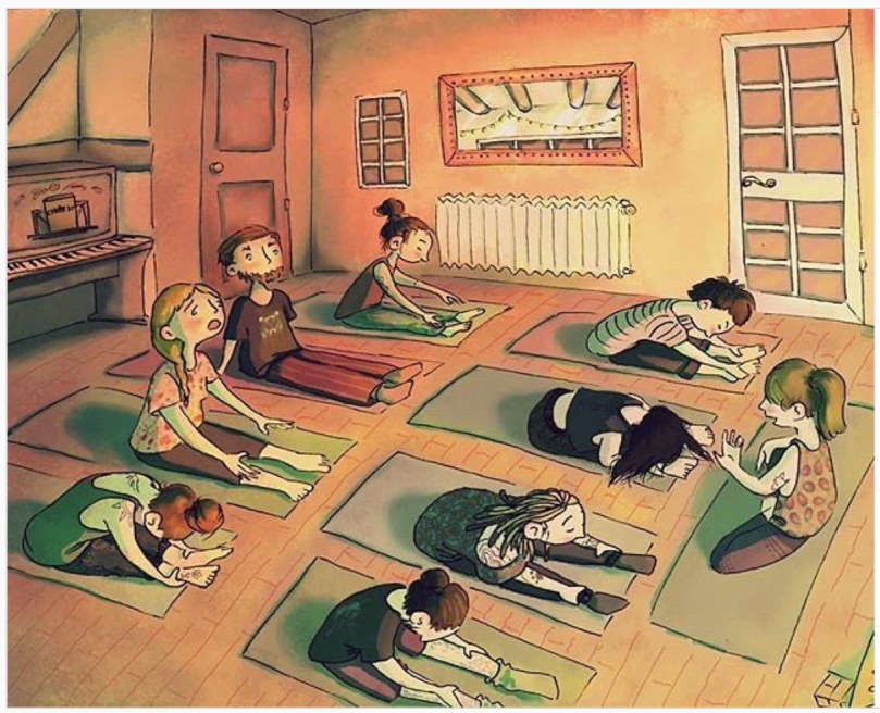 Cartoon of a yoga session